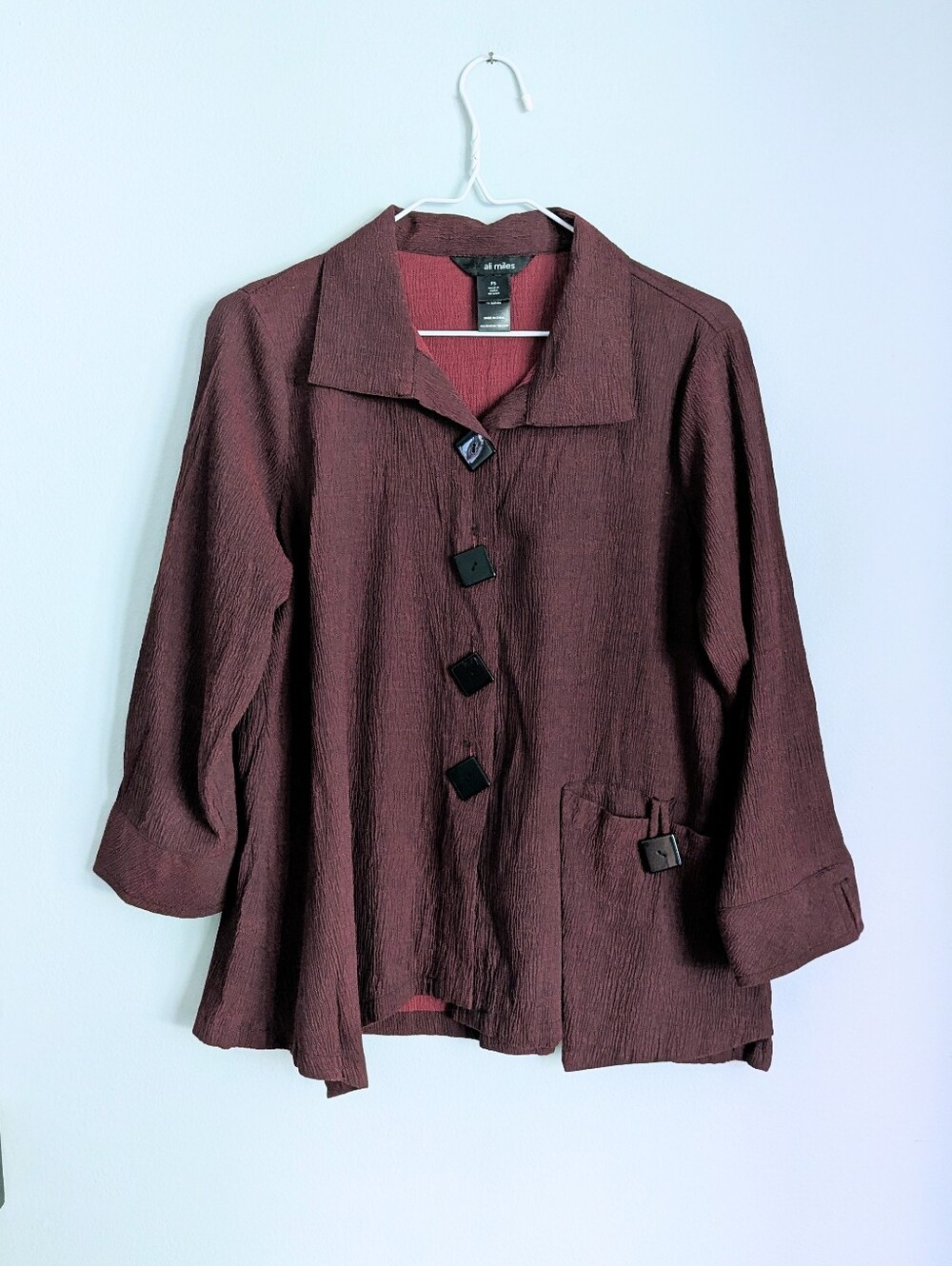 Ali Miles Women's Petite Small A-Line Red Jacket Blouse Black Square Buttons